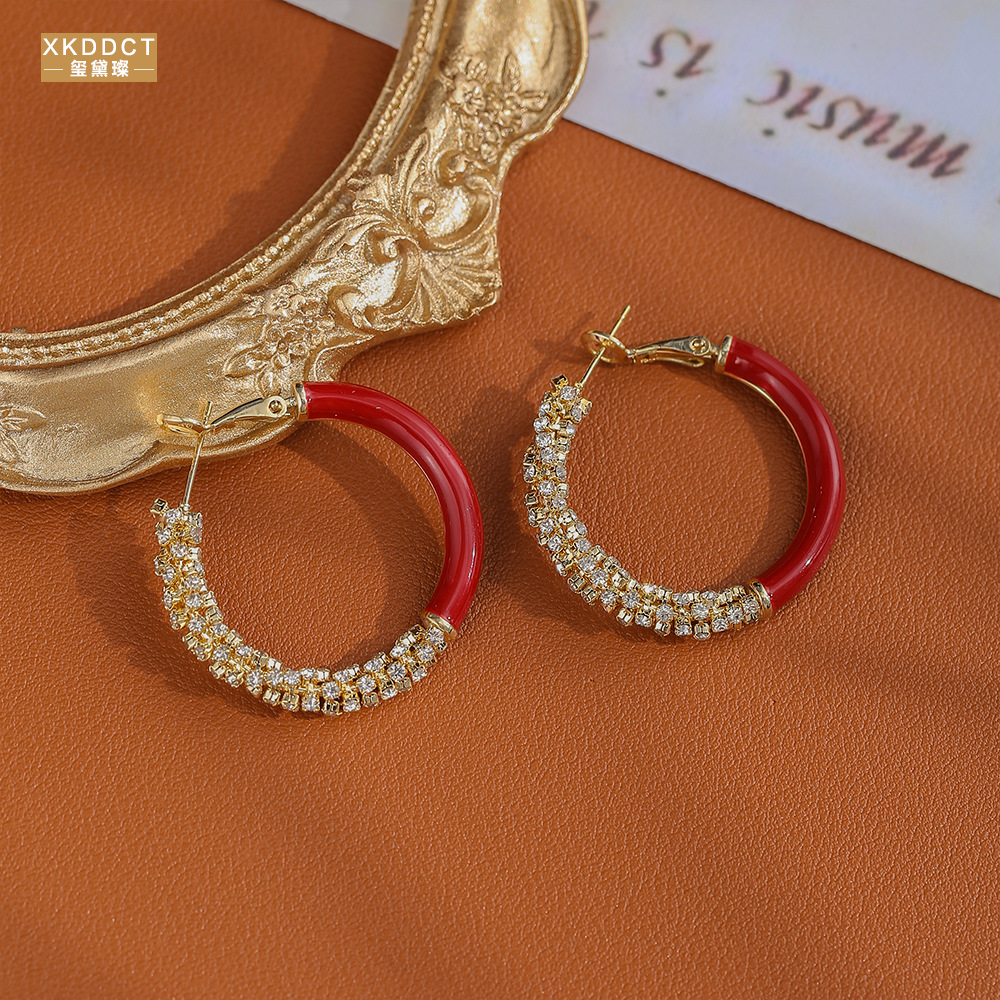 XKDDCT新款时尚爆款安卡拉红耳环高级气质小众耳圈心形S925纯银针