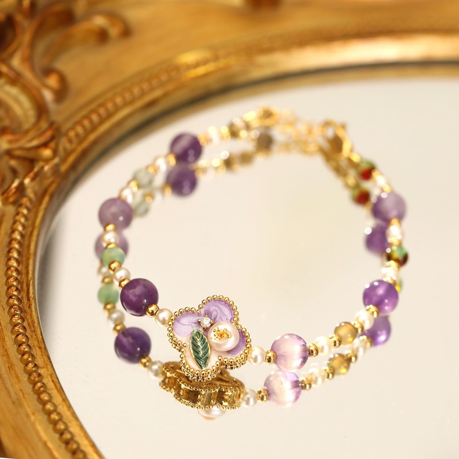 XKDDCT九紫离火幸运四叶花手链紫水晶珐琅滴釉好运珍珠手串节日生