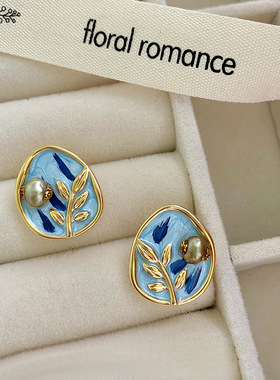 XKDDCT夏季滴油淡紫色绿色淡水珍珠耳钉树叶耳环港风复古气质耳饰