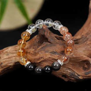 XKDDCT新款天然黄塔晶手链招财净化白水晶搭黑晶超七单圈原创大颗