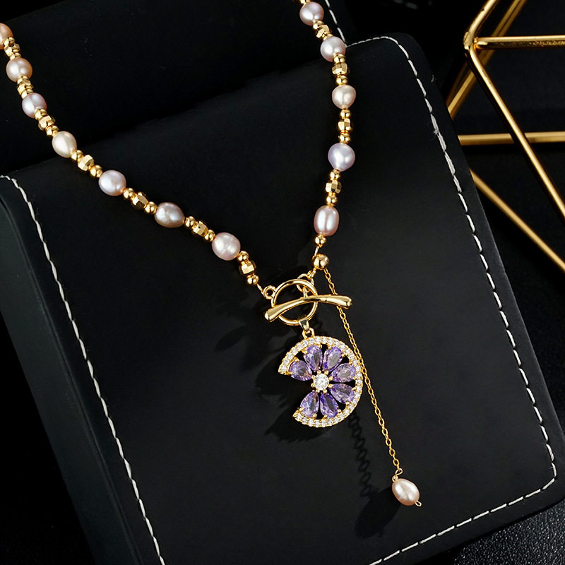 XKDDCT新款霞仙子彩色淡水珍珠项链女真金电镀微镶紫色锆石吊坠颈