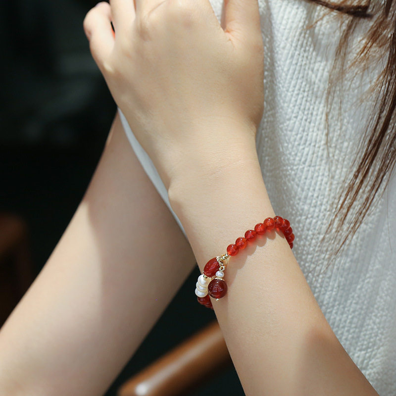 XKDDCT红玛瑙珍珠手链淡水珍珠饰品手饰送女友送妈妈女士手串全新