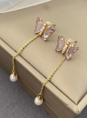 XKDDCT新款天然淡水耳环紫色水晶蝴蝶耳钉时尚新潮长款水滴珍珠耳