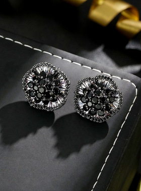 XKDDCT网红耳坠微镶神秘花朵黑色锆石耳钉银针耳饰女时尚耳环W0h