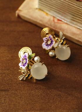 XKDDCT小蜜蜂轻奢滴油紫色花朵气质耳环无耳洞百搭淑女甜美珍珠耳