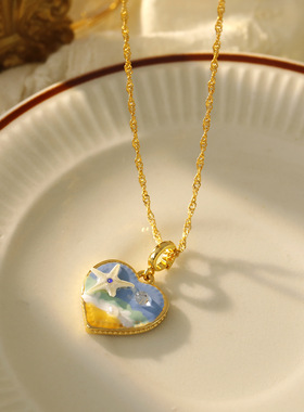 XKDDCT法式文艺复古海蓝油画项链