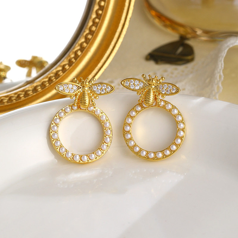 XKDDCT复古真金珍珠耳环轻奢高级感耳饰设计感小众蜜蜂大圆圈耳钉