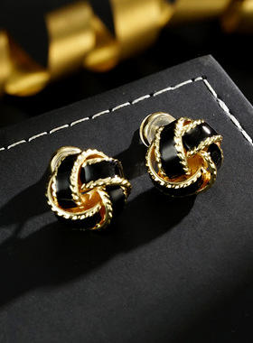 XKDDCT新款法式复古黑色珐琅同心结耳钉轻奢高级感小众设计百搭耳