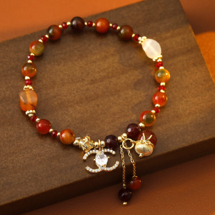XKDDCT新中式复古红色串珠手链国潮新年喜庆流苏红玛瑙手镯配饰女