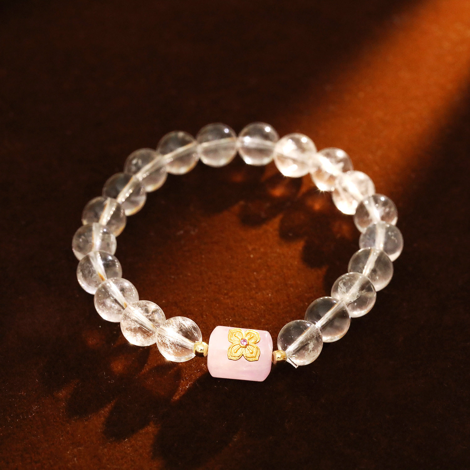 XKDDCT天然爆发拉丝白水晶手链新中式国潮粉玉髓镶金手串情绪稳定