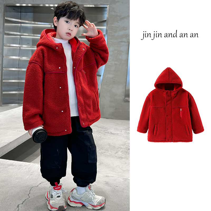 男童红色羊羔绒连帽外套冬季加绒加厚保暖休闲夹克,童装/婴儿装/亲子装,普通外套,淘宝优惠券,粉丝福利购,淘宝优惠卷
