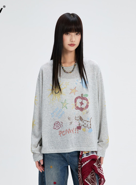 PCMY【李小冉同款】涂鸦薄款微透长袖T恤慵懒风防晒罩衫薄纱上衣