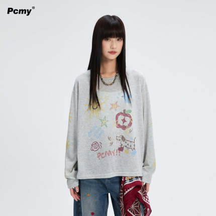 PCMY【李小冉同款】涂鸦薄款微透长袖T恤慵懒风防晒罩衫薄纱上衣