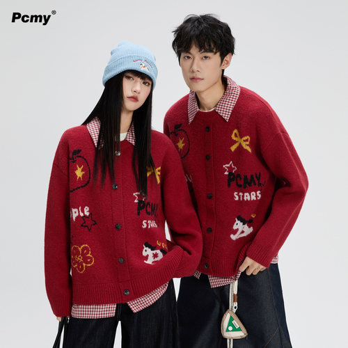 PCMY假两件红色毛衣情侣装上衣