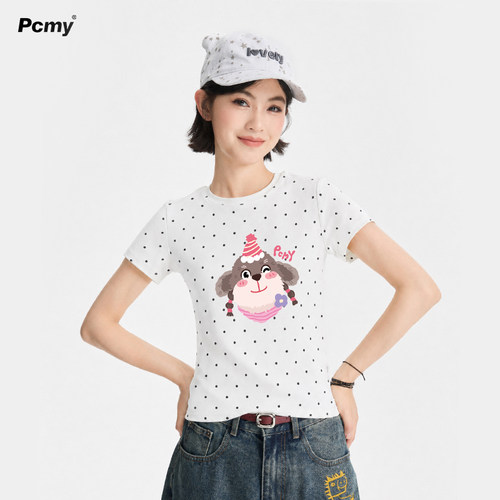 PCMY童趣卡通波点短款T恤女