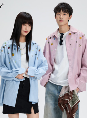 PCMY长袖纯棉衬衫情侣装一男一女外套2026新款春夏季新款潮牌衬衣