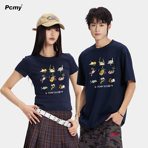 PCMY联名款慵懒猫咪印花情侣T恤