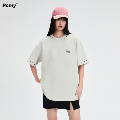 PCMY刺绣夏季纯棉重磅五分袖t恤