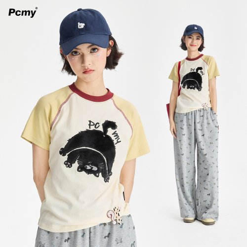 PCMY萌宠贴布绣插肩短袖撞色拼接