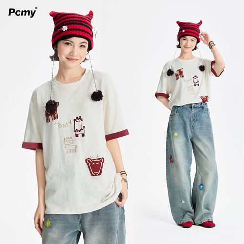 PCMY夏季撞色卡通贴布绣宽松T恤
