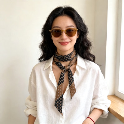 100%真丝丝巾长条黑白波点飘带桑蚕丝发带春夏女脖饰丝带领巾围巾