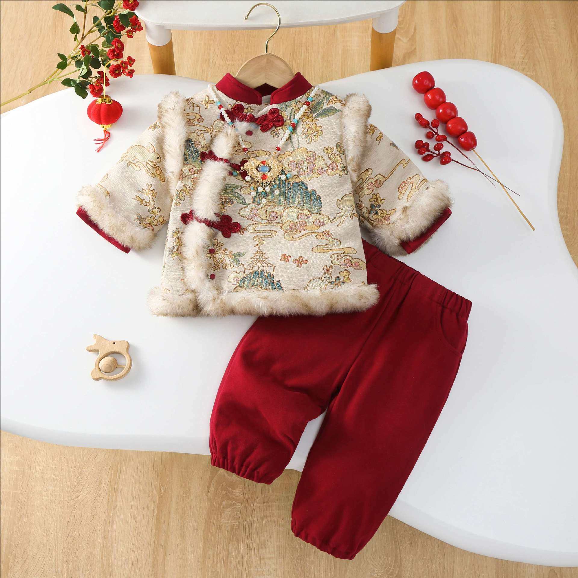 女童加绒冬季汉服套装拜年服女宝宝加厚唐装新年装中式保暖国风潮