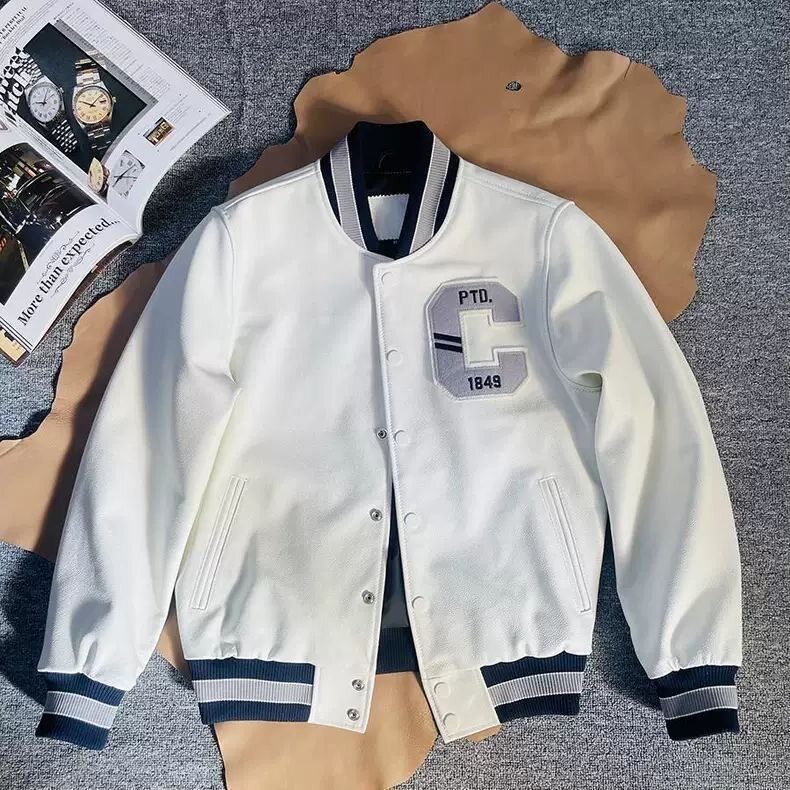 高端白色夹克刺绣机车皮衣春秋PU棒球服日系休闲外套男