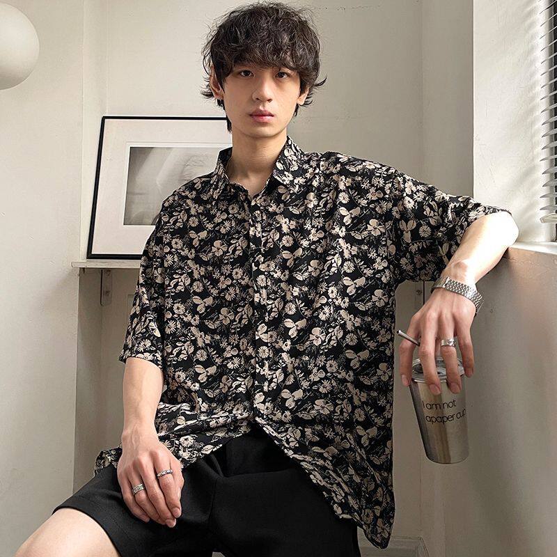 意利王衬衫男短袖垂感禁欲系黑色印花港风宽松休闲日系复古衬衣男
