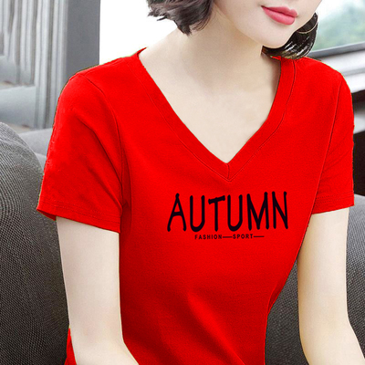 夏装v领白色t恤女士修身半袖衣服