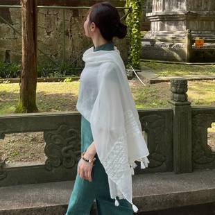 薄款白色丝巾民族风围巾大西北敦煌旅游穿搭海边遮阳头巾防晒披肩