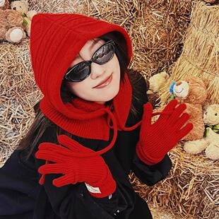 冬季女帽子围巾一体连帽围巾围脖两用加厚巴拉克拉法帽针织毛线帽