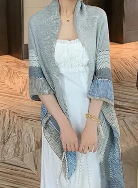 亚麻围巾浅灰色格子防晒大方巾