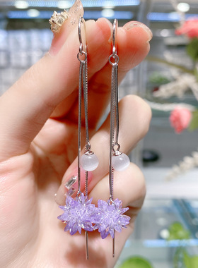 s925银针长款紫色冰花防丢耳线气质流苏猫眼石耳坠个性百搭耳饰品