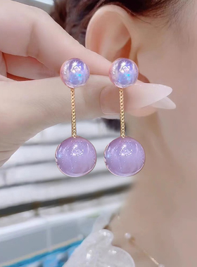 浅紫色人鱼姬耳环2023新款S925纯银针高级感一款两戴短款珍珠耳饰