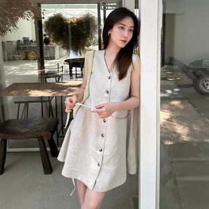 标准版型亚麻棉混纺小伞裙米灰色2026春夏新品女高级感连衣裙