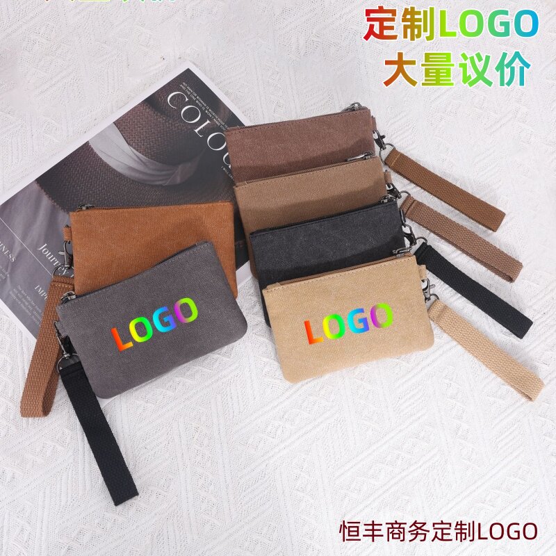 来图定制帆布零钱包手拿小钱包硬币钥匙卡包手提挽随身包可印LOGO图片