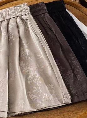 大码黑色国风提花冰丝凉凉阔腿短裤女夏季薄款高腰五分宽松休闲裤