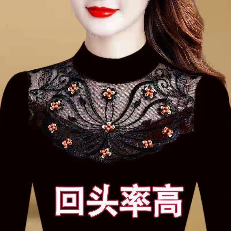 加绒/不加绒黑色蕾丝打底衫2025秋冬新款长袖显瘦打底T恤保暖上衣