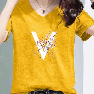T恤女夏季 韩版 100%竹节棉V领短袖 新款 宽松气质百搭上衣大码 女装
