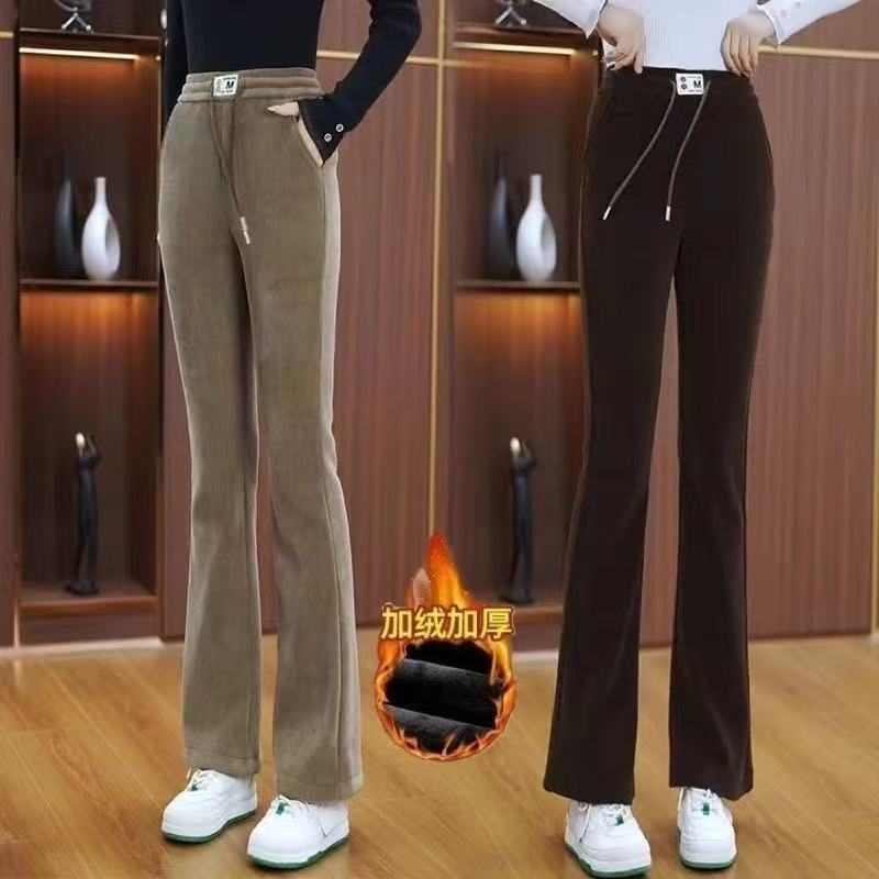 2025秋冬新微喇裤喇叭裤款高腰加绒松紧保暖休闲雪尼尔加厚羊羔绒