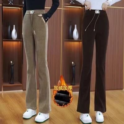 2025秋冬新微喇裤喇叭裤款高腰加绒松紧保暖休闲雪尼尔加厚羊羔绒