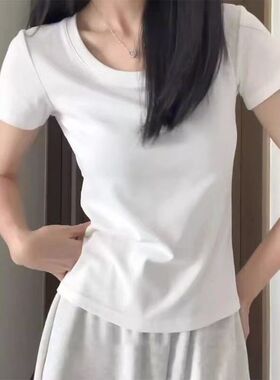 白色正肩圆领短袖t恤女夏季修身显瘦辣妹百搭打底基础款上衣体恤