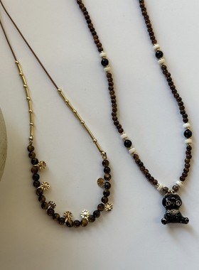 黑色小猫吊坠双层叠戴天然石虎眼石串珠项链大地色复古小众毛衣链