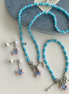 小众独特个性腊肠狗珍珠耳环 手链 项链蓝色串珠小清新时髦饰品