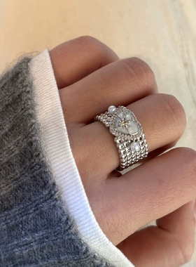 周也黄霄雲同款蝴蝶星芒爱心珍珠滴油宽版戒指开口食指戒配饰礼物