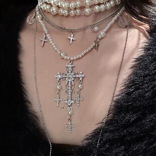 一套装~多层叠戴十字架珍珠项链女锁骨链chocker配饰高级感饰品