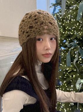 早春新款韩版手工钩针花朵针织毛线帽小众复古时髦包头冷帽女潮