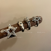 暗黑复古做旧小众个性 镂空五角星古银色戒指女ins开口可调节指环