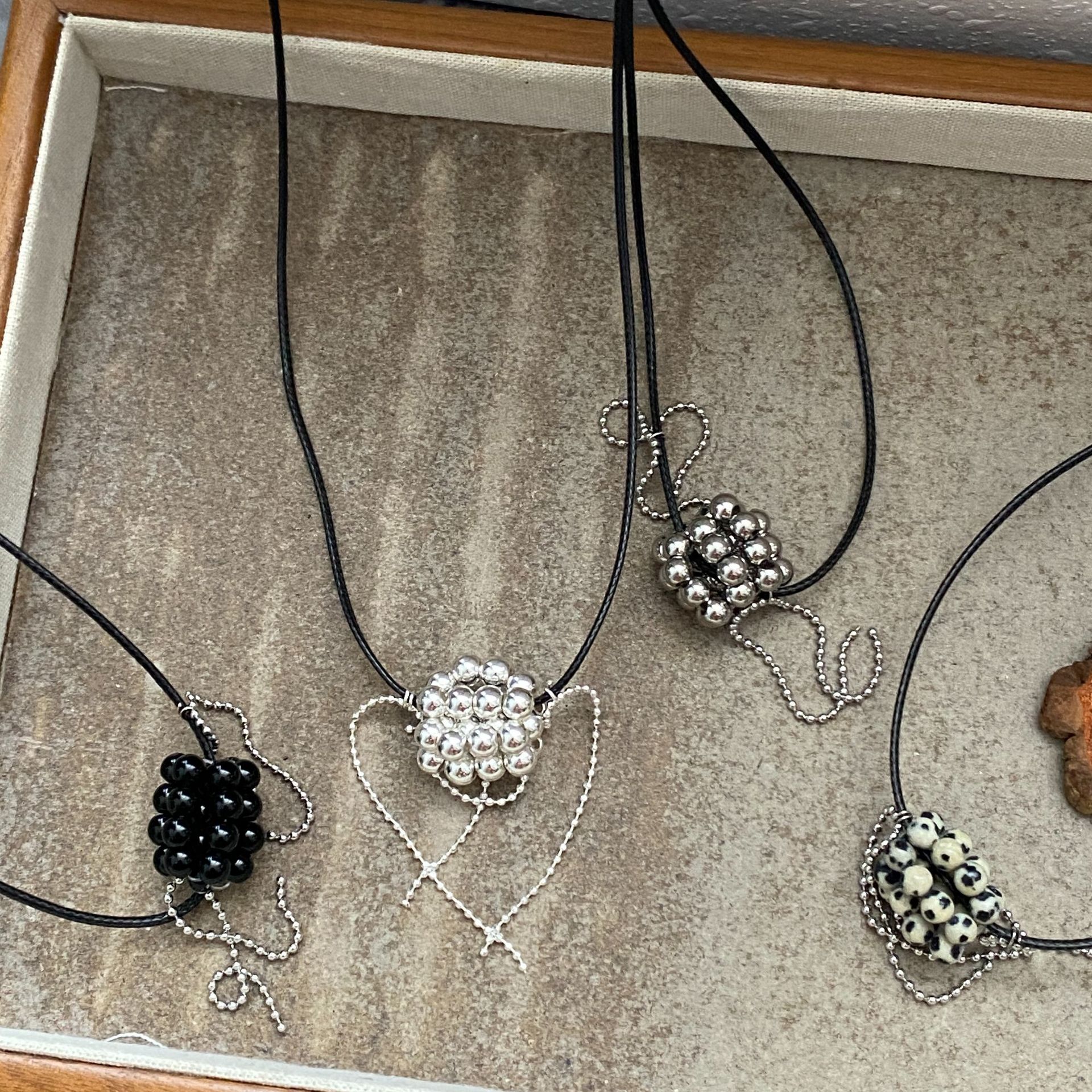 韩版天然石圆球编织包包项链小众简约高级感皮绳可调节毛衣链颈链