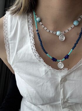 蔚蓝系列海洋天然蓝松石多色混珠时髦个性串珠橄榄贝母项链